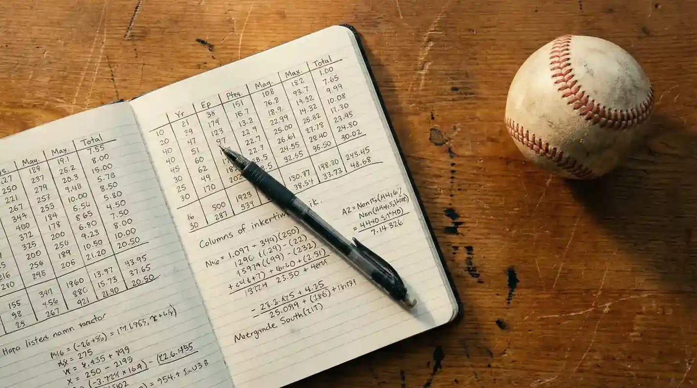 Notizbuch mit Tabellen und Stift auf einem Holzschreibtisch neben einem Baseball