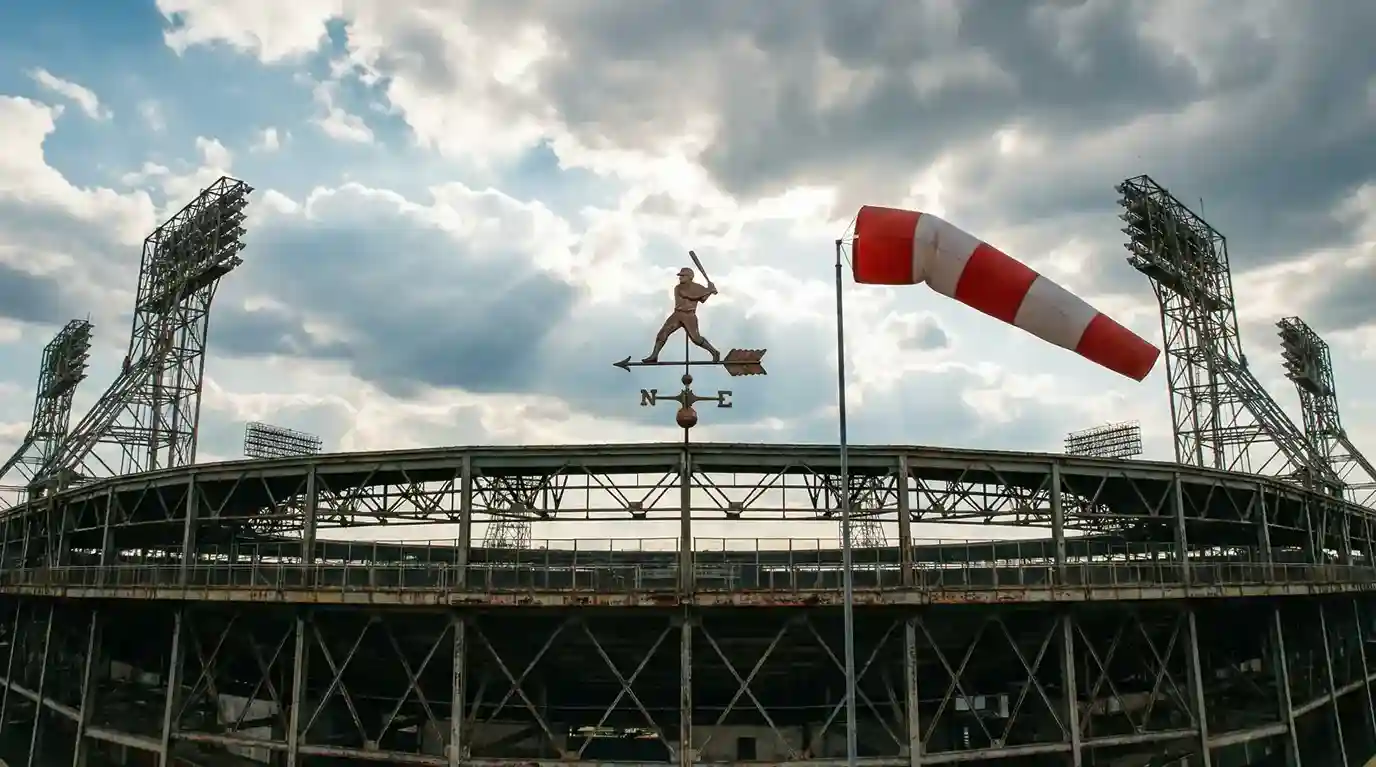 Windfahne über einem offenen Baseballstadion mit bewölktem Himmel