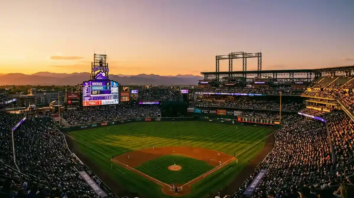 Panoramablick auf ein MLB-Stadion mit Bergen im Hintergrund bei Sonnenuntergang