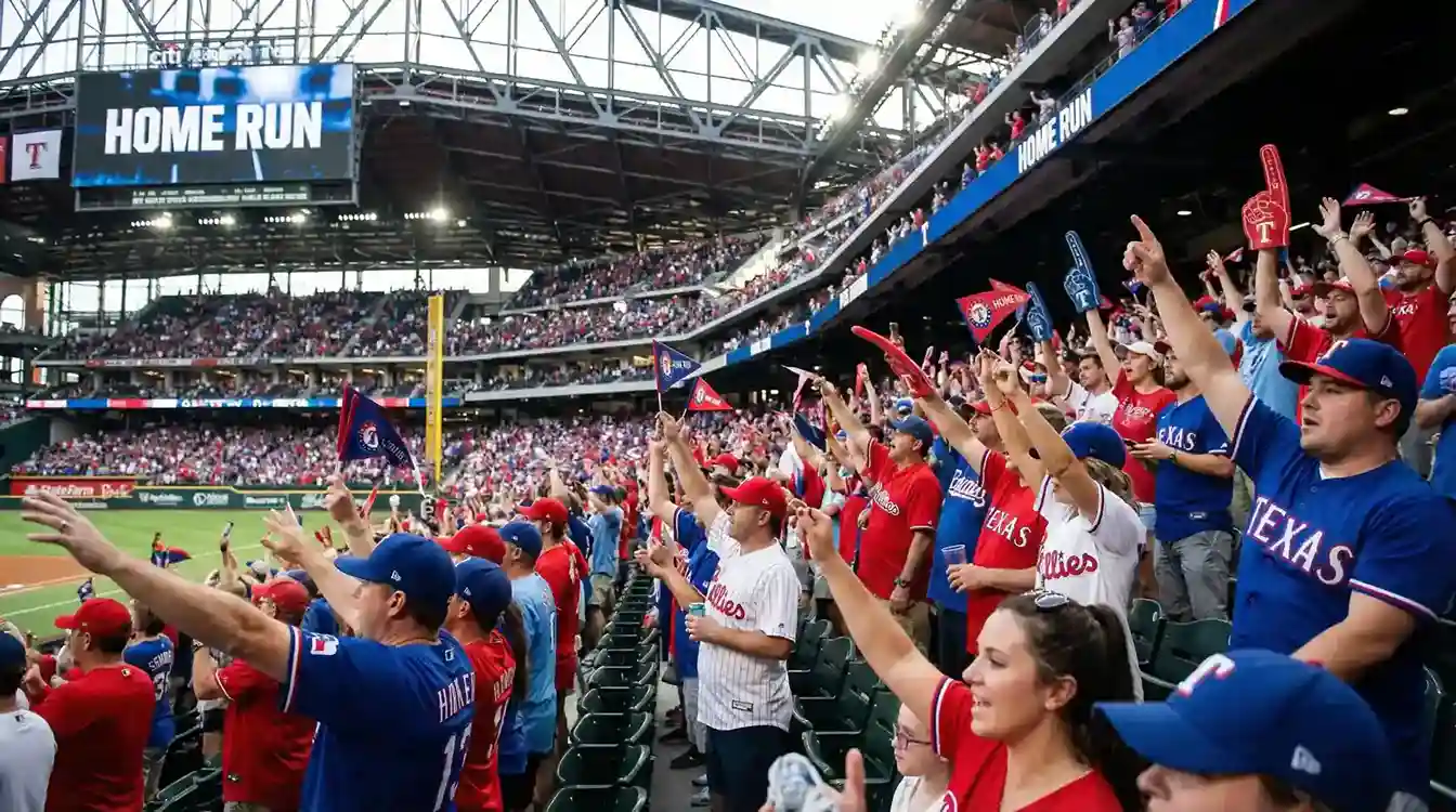 Fans jubeln auf den Tribünen eines vollen MLB-Stadions beim Heimspiel