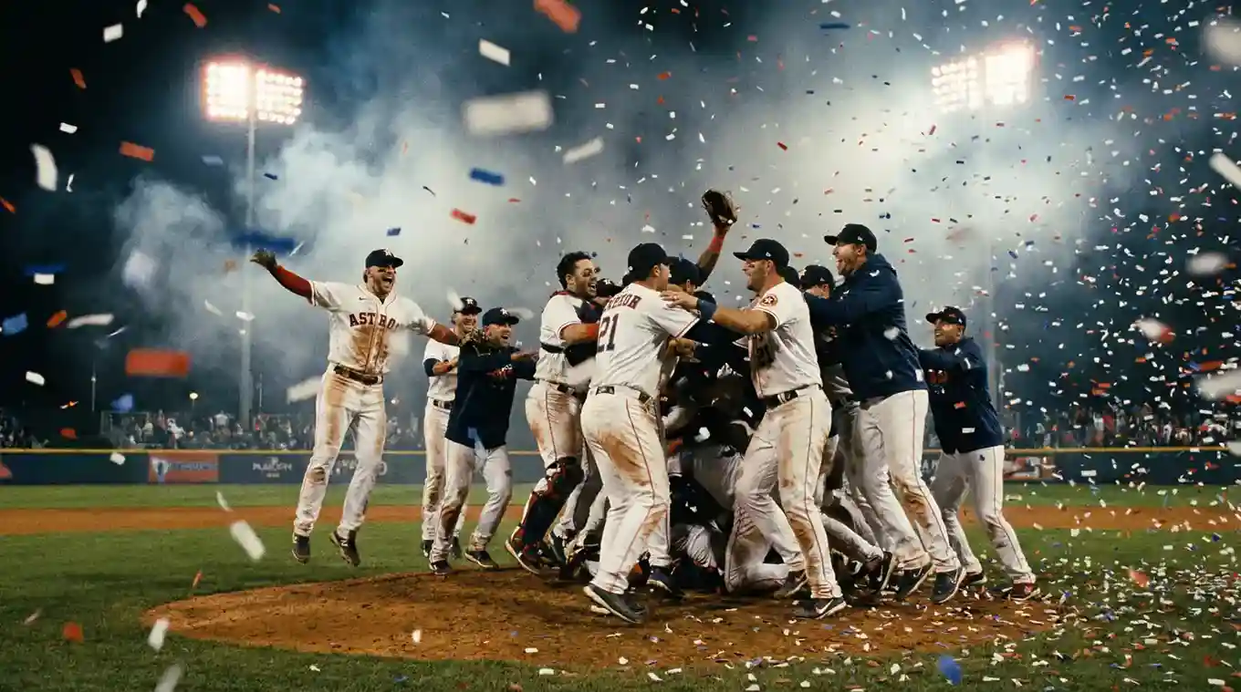 MLB-Spieler beim Jubel auf dem Spielfeld nach einem Playoff-Sieg