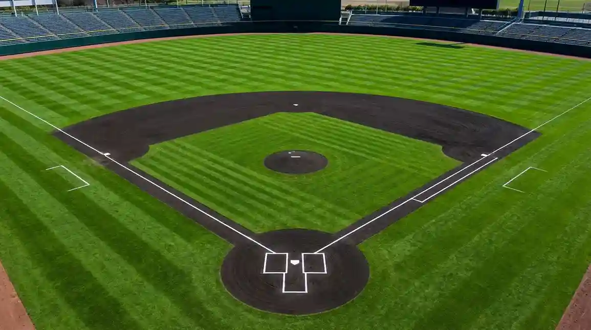 Leeres MLB-Spielfeld im Frühling mit frisch gemähtem Rasen und Kreidelinien