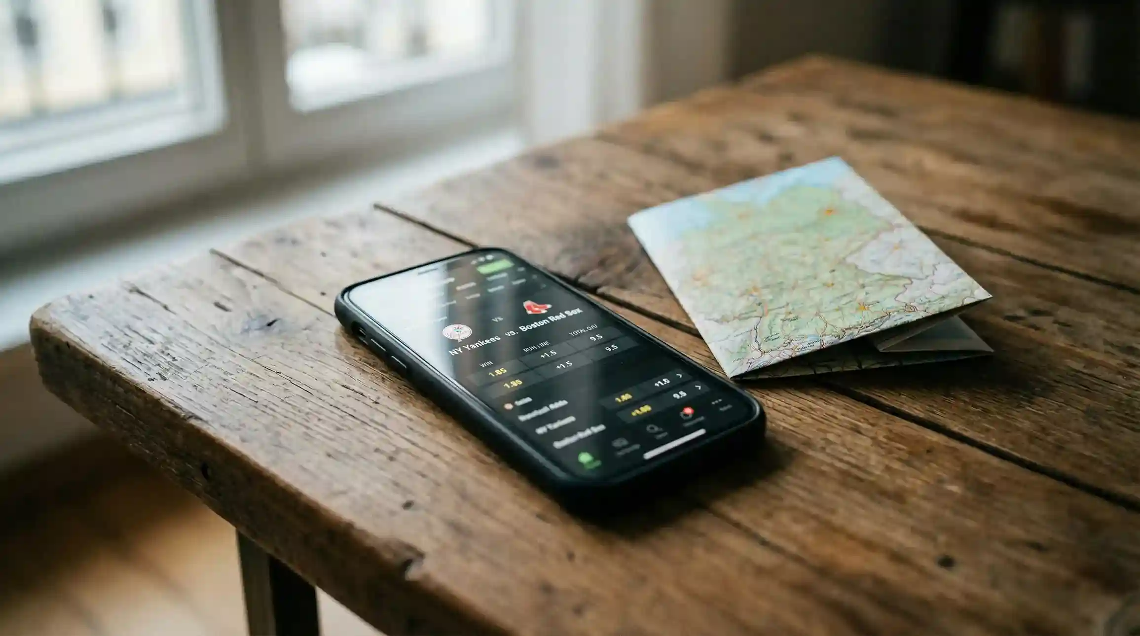 Smartphone mit Sportwetten-App neben einer Deutschlandkarte auf dem Tisch