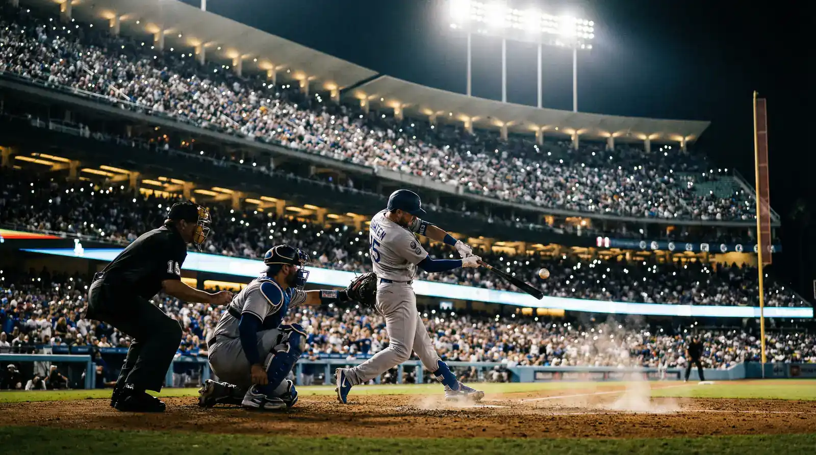 Baseballspieler am Schlag in einem MLB-Stadion bei Flutlicht