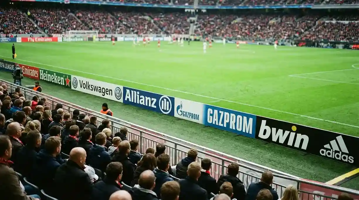 Werbebanner in einem Fußballstadion mit unscharfem Spielfeld im Hintergrund