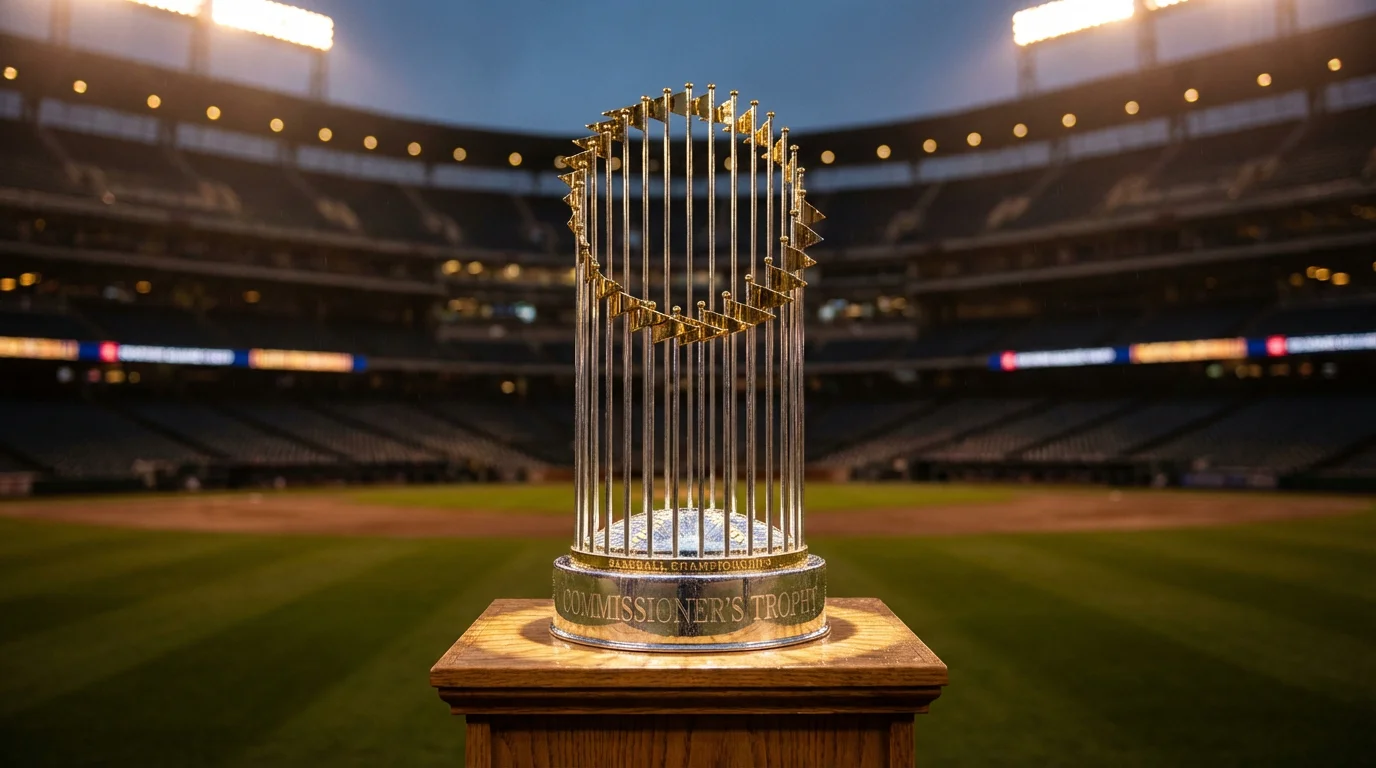 World-Series-Trophäe auf einem Podest in einem MLB-Stadion